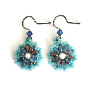 Blue Bronze & Turquoise Beaded Flower Earrings